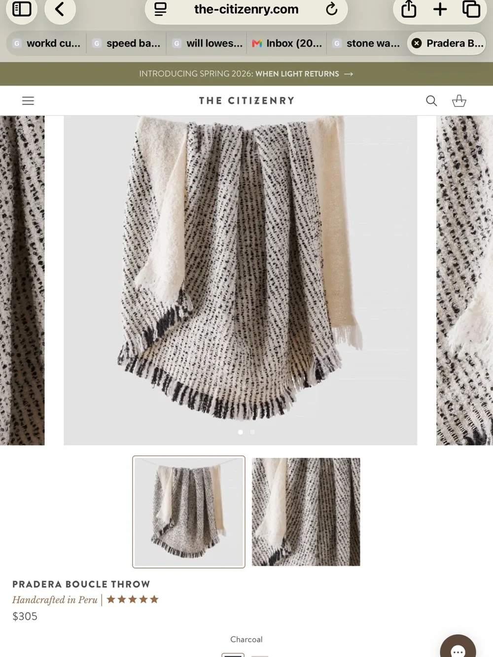 The Citizenry Charcoal Textured Woven Throw, handwoven in Peru, 89% Alpaca